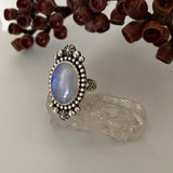 Celestial Rainbow Moonstone Ring- Size 5.75- Hand Stamped Sterling Silver