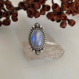 Celestial Rainbow Moonstone Ring- Size 5.75- Hand Stamped Sterling Silver