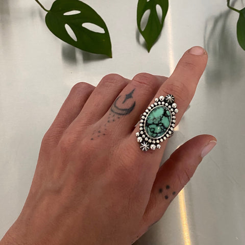 Variscite Celestial Ring- Size 6.5- Hand Stamped Sterling Silver- Can Be Sized Up 1/2 Size