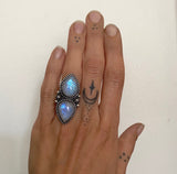 Celestial Double Moonstone Ring- Size 6.5- Sterling Silver and Rainbow Moonstone