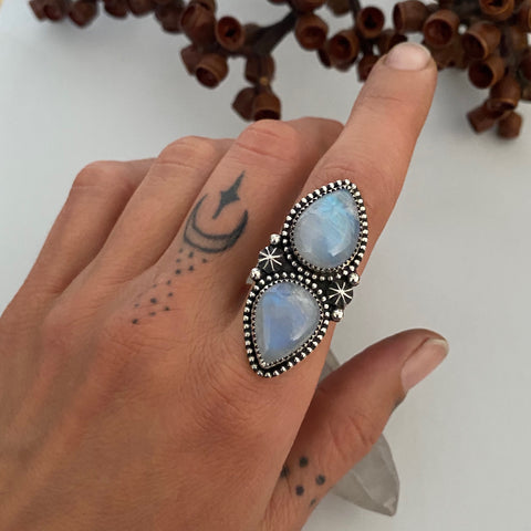 Celestial Double Moonstone Ring- Size 6.5- Sterling Silver and Rainbow Moonstone