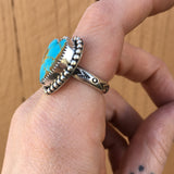 Kingman Turquoise Heart Ring- Sterling SIlver Stamped Band Size 7.5-7.75