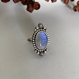 Celestial Rainbow Moonstone Ring- Size 7- Hand Stamped Sterling Silver