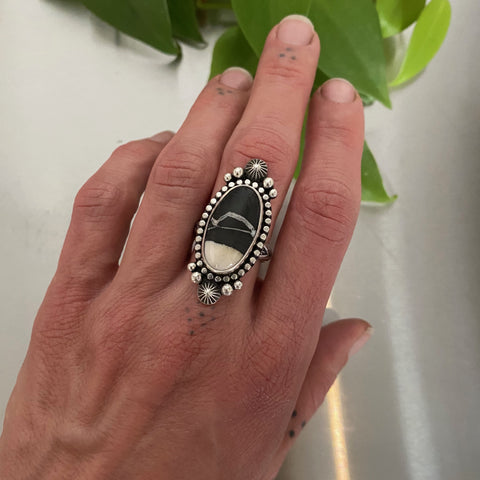 The Sub Zero Ring- Size 7.5- White Buffalo and Hand Stamped Sterling Silver