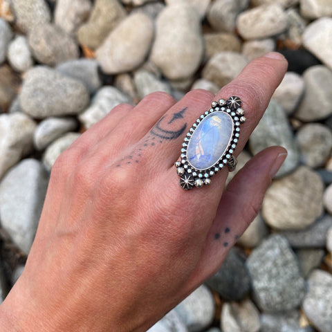 Celestial Moonstone Ring- Size 7- Hand Stamped Sterling Silver- Can Be Sized Up 1/2 Size