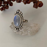 Celestial Rainbow Moonstone Ring- Size 7- Hand Stamped Sterling Silver