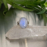 Simple Stamped Moonstone Ring- Size 8 1/2- Hand Stamped Sterling Silver and Rainbow Moonstone