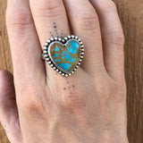 Kingman Turquoise Heart Ring- Sterling SIlver Stamped Band Size 8.75-9