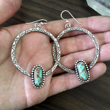 Stamped Turquoise Hoop Earrings- Sterling Silver and #8 Turquoise