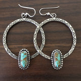 Stamped Turquoise Hoop Earrings- Sterling Silver and #8 Turquoise