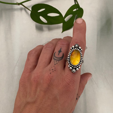 Celestial Amber Ring- Size 8- Hand Stamped Sterling Silver and Mayan Amber