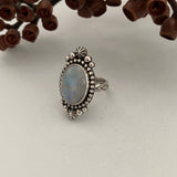 Celestial Rainbow Moonstone Ring- Size 8- Hand Stamped Sterling Silver