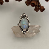 Celestial Rainbow Moonstone Ring- Size 8- Hand Stamped Sterling Silver