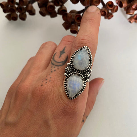 Celestial Double Moonstone Ring- Size 8.5- Sterling Silver and Rainbow Moonstone