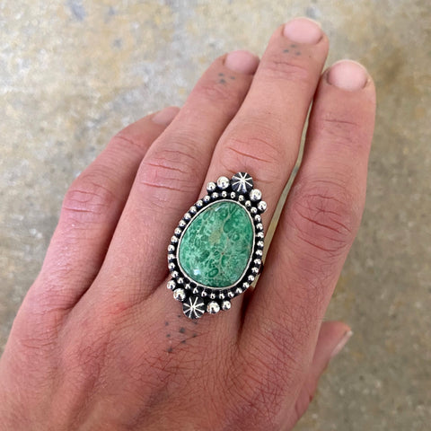 Celestial Lucin Variscite Ring- Size 8- Hand Stamped Sterling Silver
