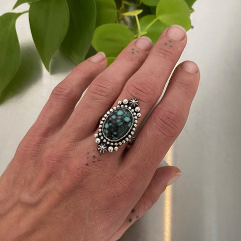 The Stargazer Ring- Size 9- New Lander Variscite and Hand Stamped Sterling Silver