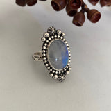 Celestial Rainbow Moonstone Ring- Size 9.25- Hand Stamped Sterling Silver