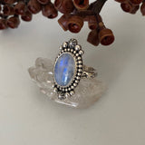 Celestial Rainbow Moonstone Ring- Size 9.25- Hand Stamped Sterling Silver