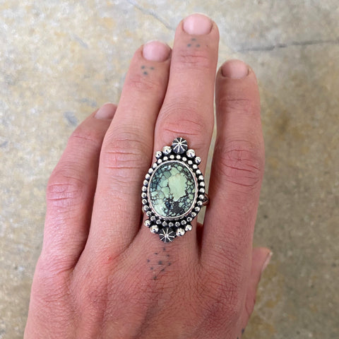 Celestial Poseidon Variscite Ring- Size 9- Hand Stamped Sterling Silver