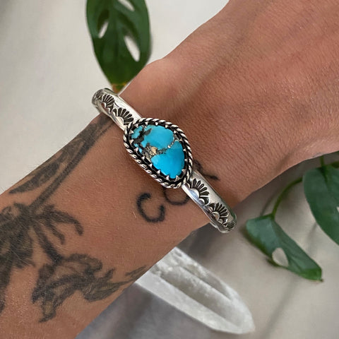 Heavyweight Stamped Turquoise Cuff- Size S/M- Morenci 2 Turquoise and Chunky Sterling Silver Bracelet