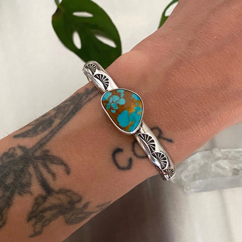 Heavyweight Stamped Turquoise Cuff- Size S/M- Royston Turquoise and Chunky Sterling Silver Bracelet