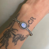 Stamped Stacker Cuff- Size S/M- Sterling Silver and Rainbow Moonstone