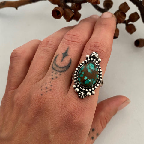 Celestial Turquoise Ring- Size 8.5- Hand Stamped Sterling Silver and Sierra Nevada Turquoise