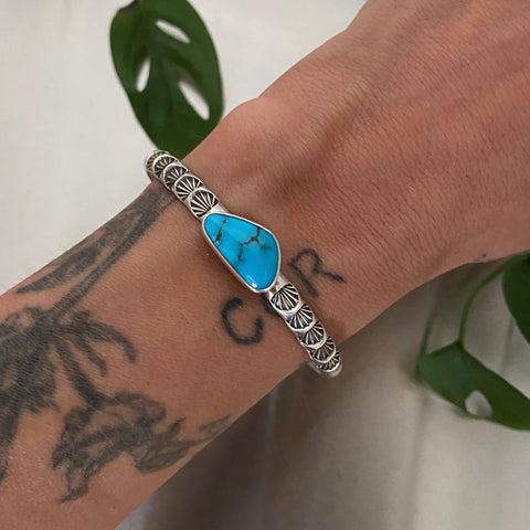 Chunky Stamped Turquoise Cuff- Size S/M- Alpine Village Turquoise and Chunky Sterling Silver Bracelet