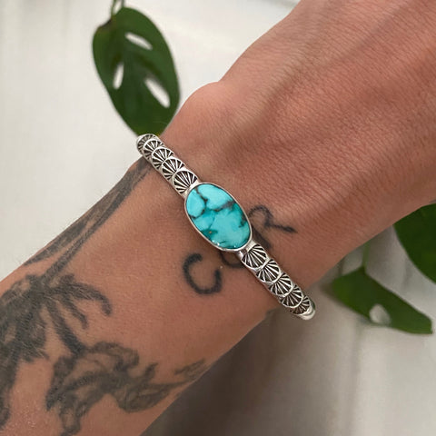 Chunky Stamped Turquoise Cuff- Size XS/S- Emerald Valley Turquoise and Chunky Sterling Silver Bracelet