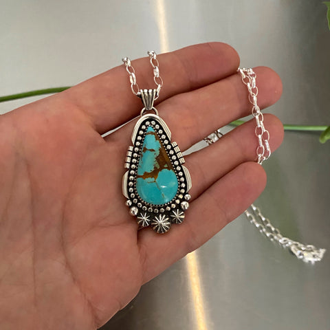 Turquoise Celestial Teardrop Necklace- Sterling Silver and Kingman Turquoise- 24" Chunky Rolo Chain