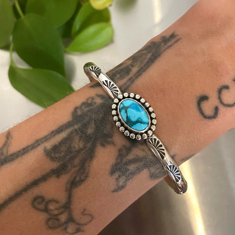 Stamped Stacker Cuff- Size M/L- Lone Mountain Turquoise and Sterling Silver Bracelet
