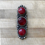 Huge Ornate 3-Stone Rosarita Ring- Sterling Silver and Red Rosarita- Finished to Size or as a Pendant