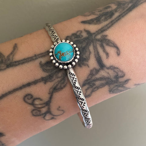 Stamped Turquoise Stacker Cuff- Royston Turquoise and Sterling Silver Bracelet- Size M/L