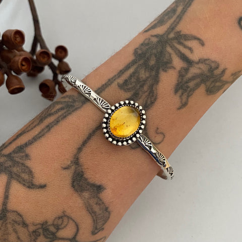 Stamped Amber Stacker Cuff- Sterling Silver and Mayan Amber Bracelet- Size L/XL