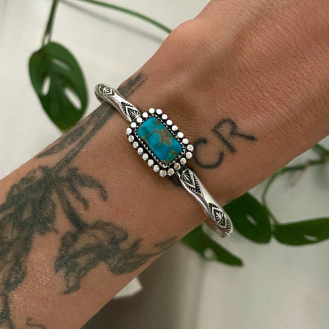 Stamped Stacker Cuff- Size S/M- Sterling Silver and Campitos Turquoise