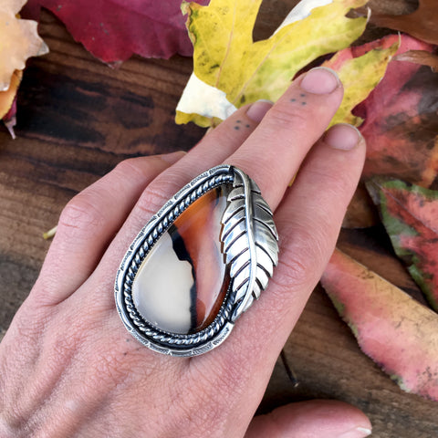 Large Montana Agate and Sterling Silver Ring or Pendant- Hand Stamped Leaf Accent- Finished to Size