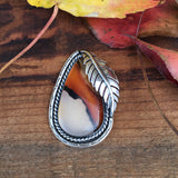 Large Montana Agate and Sterling Silver Ring or Pendant- Hand Stamped Leaf Accent- Finished to Size