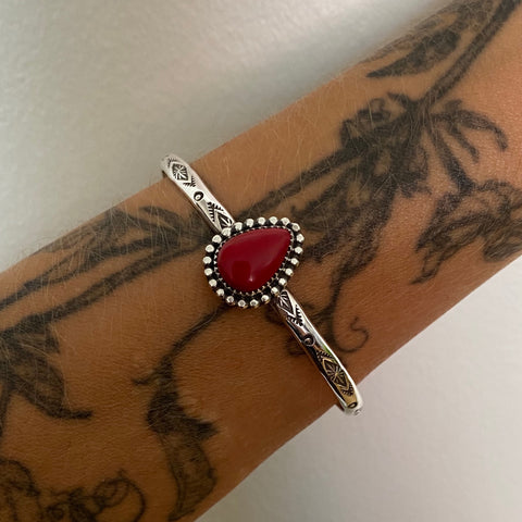Stamped Rosarita Stacker Cuff- Sterling Silver and Red Rosarita Bracelet- Size M/L