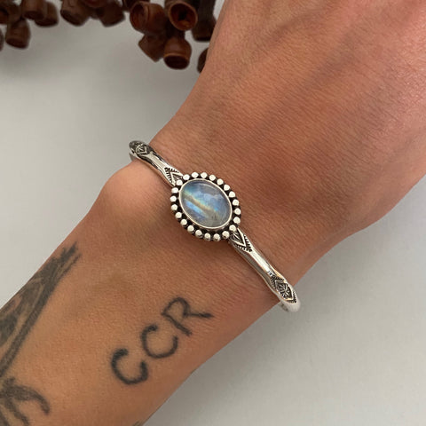 Stamped Stacker Cuff- Sterling Silver and Rainbow Moonstone Bracelet- Size M/L
