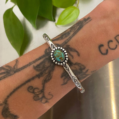 Stamped Stacker Cuff- Size M/L- Kingman Turquoise and Sterling Silver Bracelet