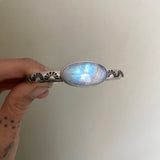 The Rainbow Stamped Stacker Cuff- Size M/L- Heavyweight Sterling Silver and Rainbow Moonstone Bracelet