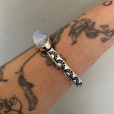 The Rainbow Stamped Stacker Cuff- Size M/L- Heavyweight Sterling Silver and Rainbow Moonstone Bracelet