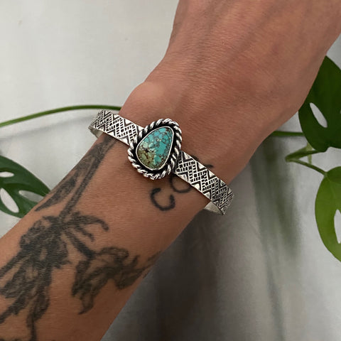 Chunky Hand-Stamped Turquoise Cuff- Size M- Sterling Silver and Royston Turquoise Bracelet