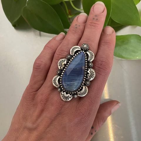 The Outer Reef Ring- Pioneer Blue Swirl Slag Glass and Sterling Silver- Finished to Size or as a Pendant