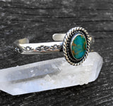 Stamped Turquoise Cuff Bracelet- Sterling Silver and Turquoise Mountain Turquoise Wide Stacker Cuff- Size S/M
