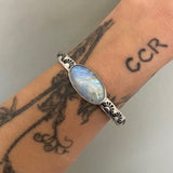 The Rainbow Stamped Stacker Cuff- Size XS/S- Heavyweight Sterling Silver and Rainbow Moonstone Bracelet