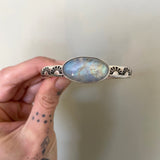 The Rainbow Stamped Stacker Cuff- Size S/M- Heavyweight Sterling Silver and Rainbow Moonstone Bracelet