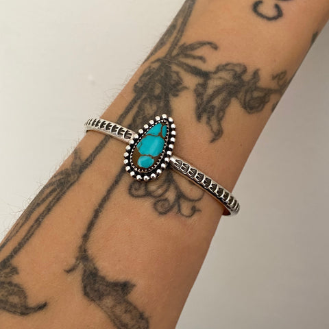 Stamped Turquoise Stacker Cuff- Sterling Silver and Royston Turquoise Bracelet- Size S/M