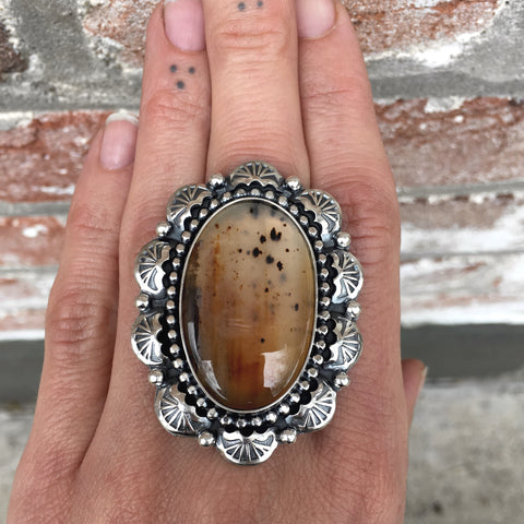 Large Montana Agate and Sterling Silver Overlay Ring or Pendant- Hand Stamped Sun Motif- Finished to Size