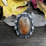 Large Montana Agate and Sterling Silver Overlay Ring or Pendant- Hand Stamped Sun Motif- Finished to Size